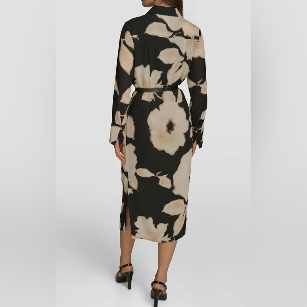 Donna Karan Floral Black, taupe and Cream Midi Dress with one side kick pleat. - Picture 6 of 9